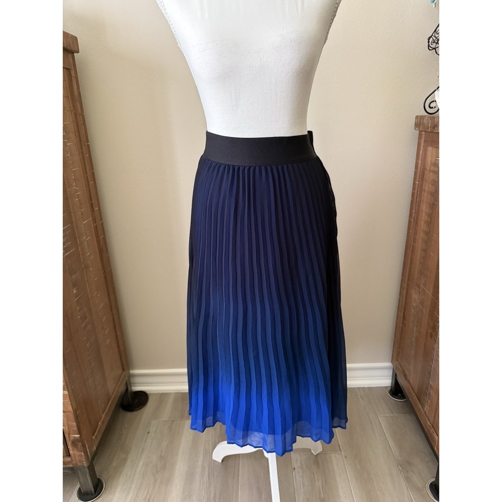 Express‎ XS Blue Black Ombre Pleated Midi Skirt Accordion Chiffon Pull On